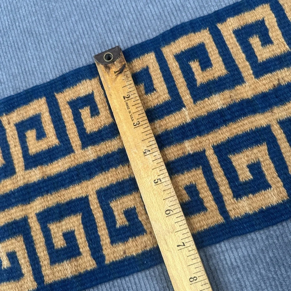 Handwoven Wool Greek Key Runner Navy Blue Mustard‎ Yellow Geometric Textile 26x8